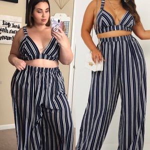 Two piece Navy Stripe Pant Set.